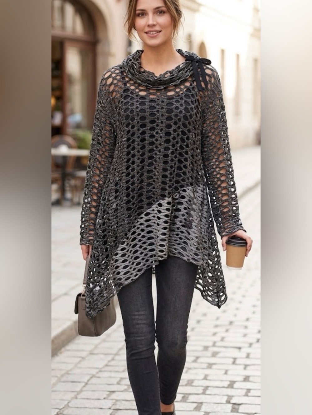 Boho Chic Oversized Asymmetric Tunics - Open-Knit Mesh Textured Long Sleeve Pull